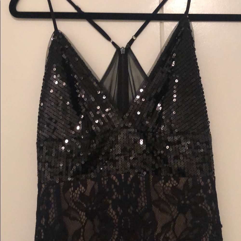 BCBG Elvira Black Sequin/Lace MIDI Cocktail Dress